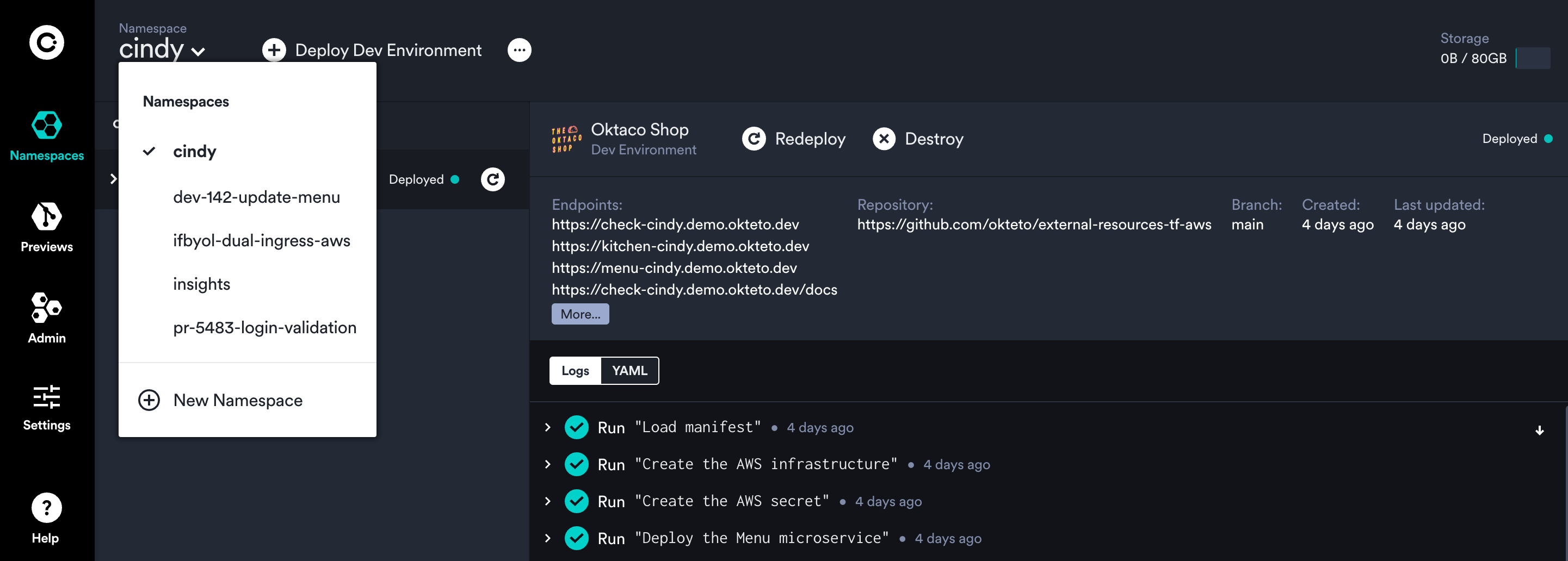 new namespace dialog